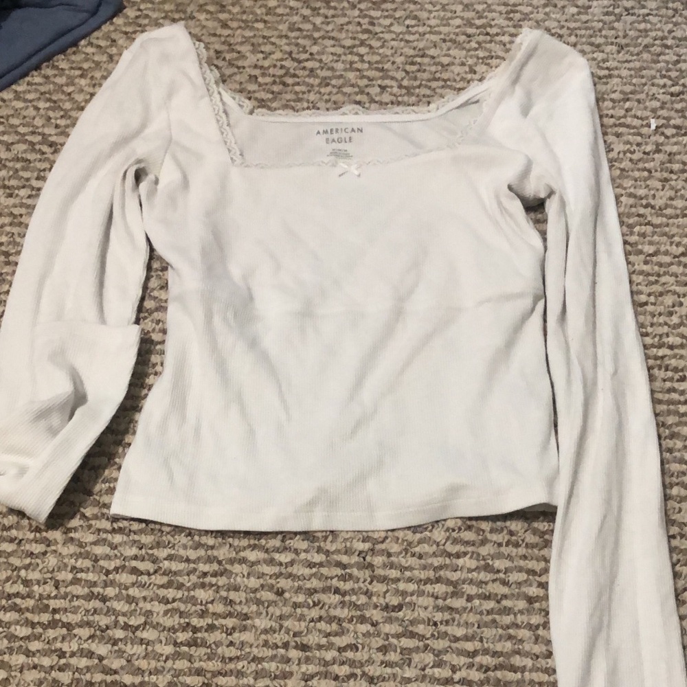 American Eagle White Square Neck Long Sleeve Top